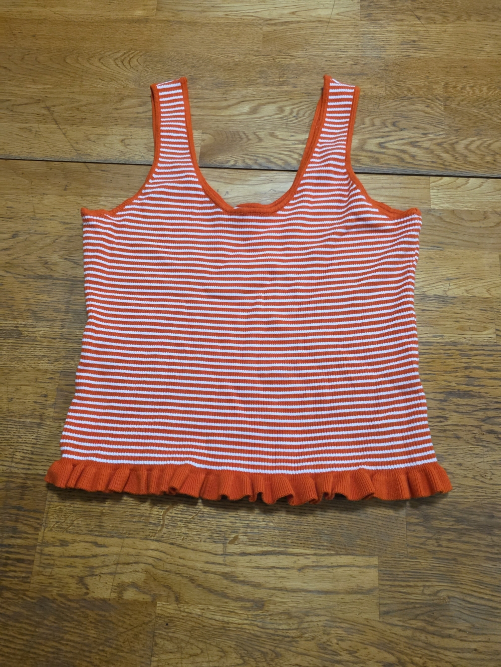 Striped Sleeveless Stretch Knit Ribbed Ruffle Hem White & Orange Tank Top